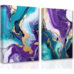 Abstract Canvas Art Set in Teal and Purple 2 pieces